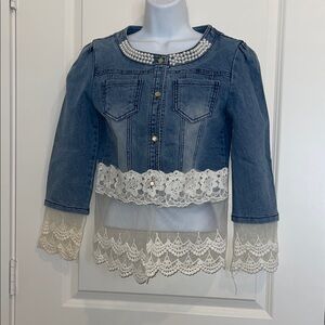 Denim Jacket with Lace and Pearl Details